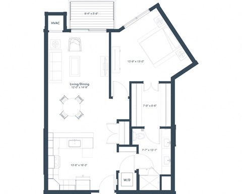 Floor plan for 1 bed, 1 bath, 872 sqft